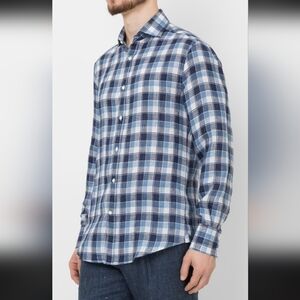 Brunello Cucinelli Shirt 100% Linen Medium Basic Fit Checked Italy Long Sleeve